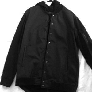 BLACK HOODED VARSITY JACKET